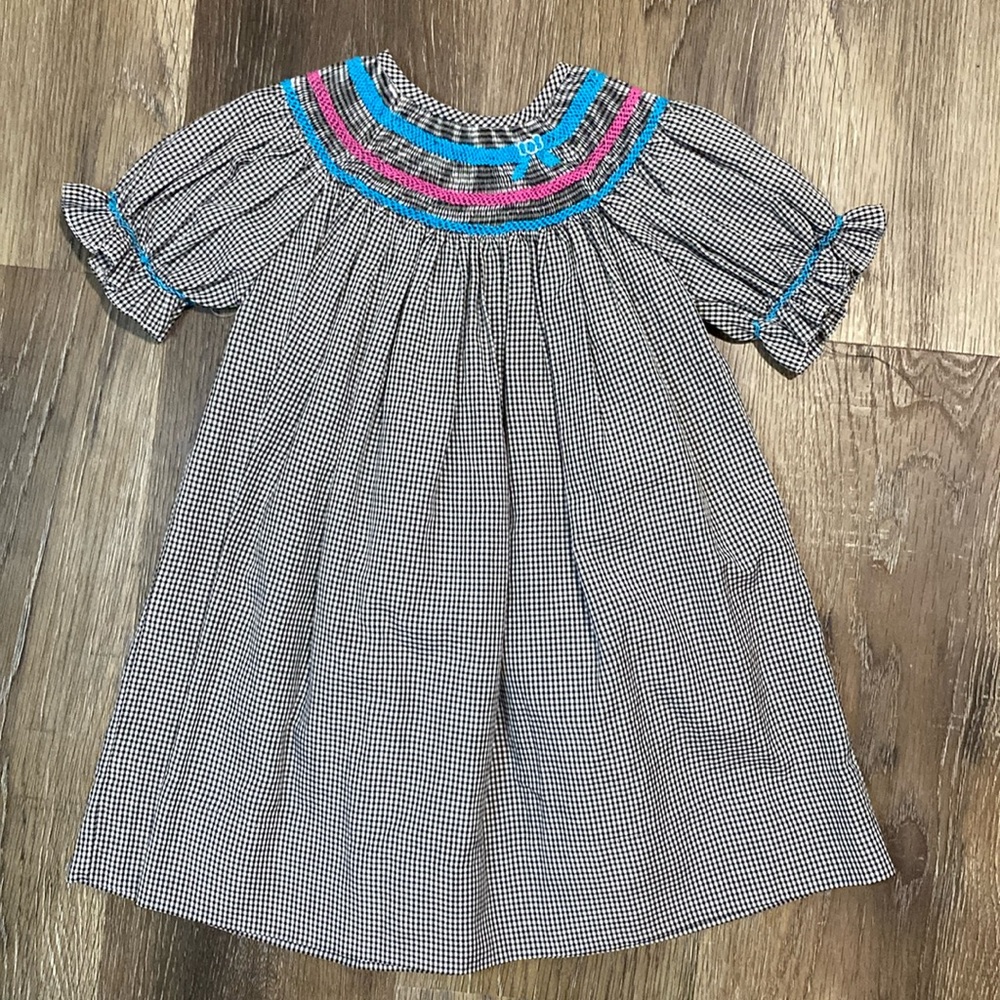 Black and White Gingham Bishop Dress with Pink and Blue Smocking